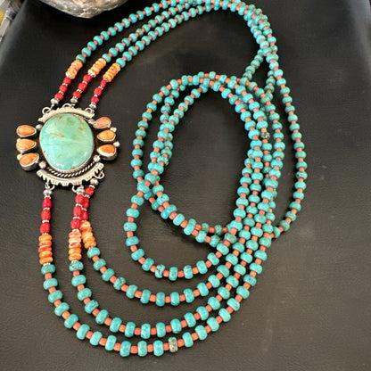 XL Statement Green Turquoise Spiny Navajo 3S Sterling Silver Necklace 34” 19675