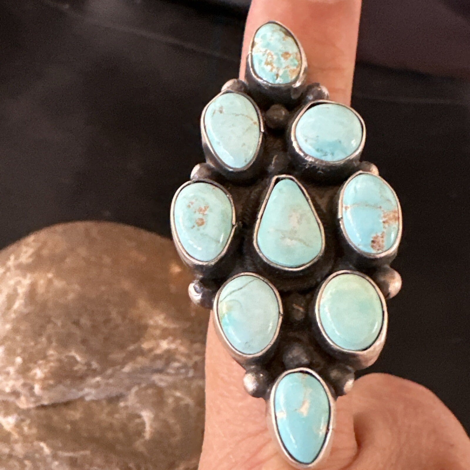 Navajo Sterling Silver Cluster Blue Turquoise 9 Stone Ring Sz 9 18600