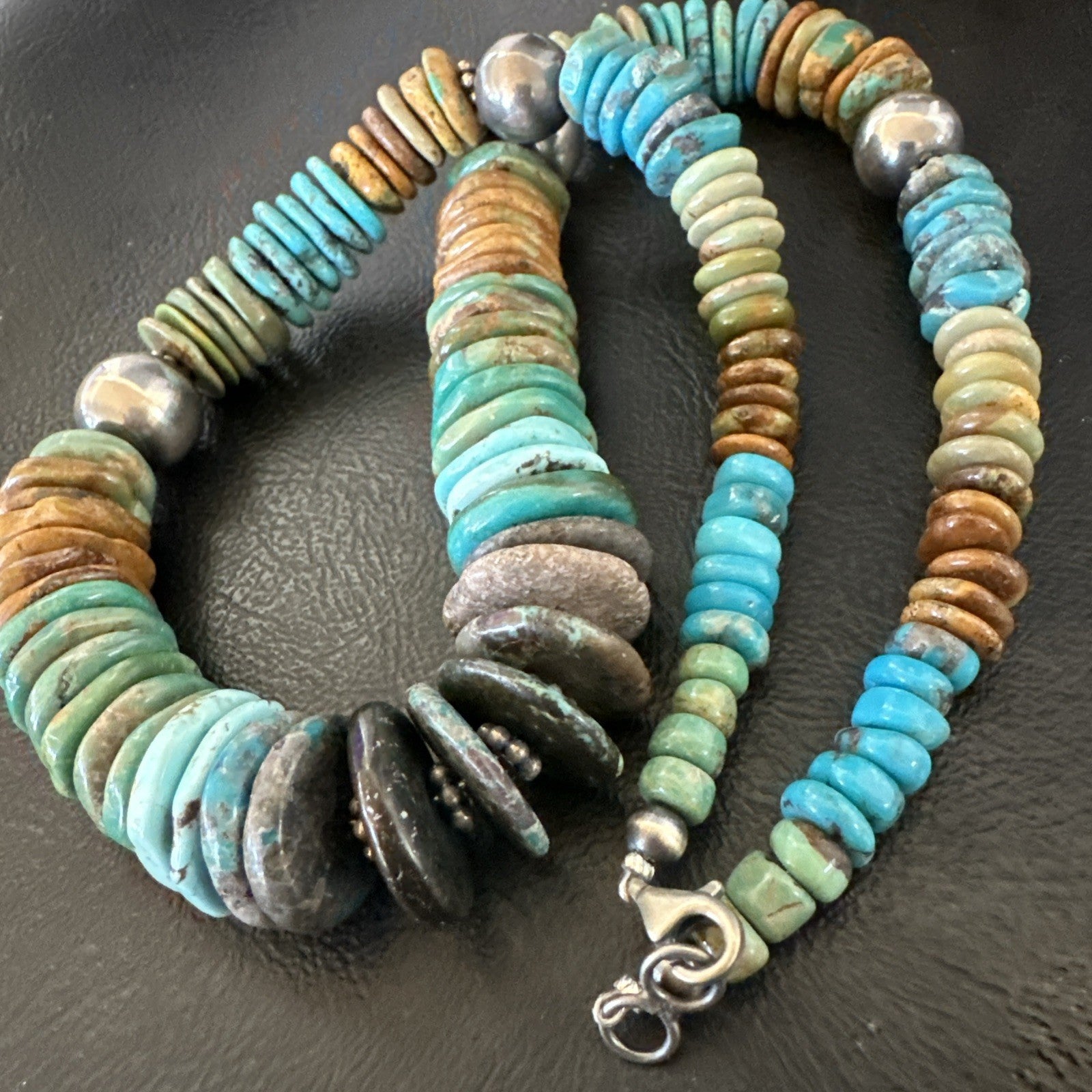 Blue Green Turquoise Navajo Sterling Silver Beads Necklace 20” 19176