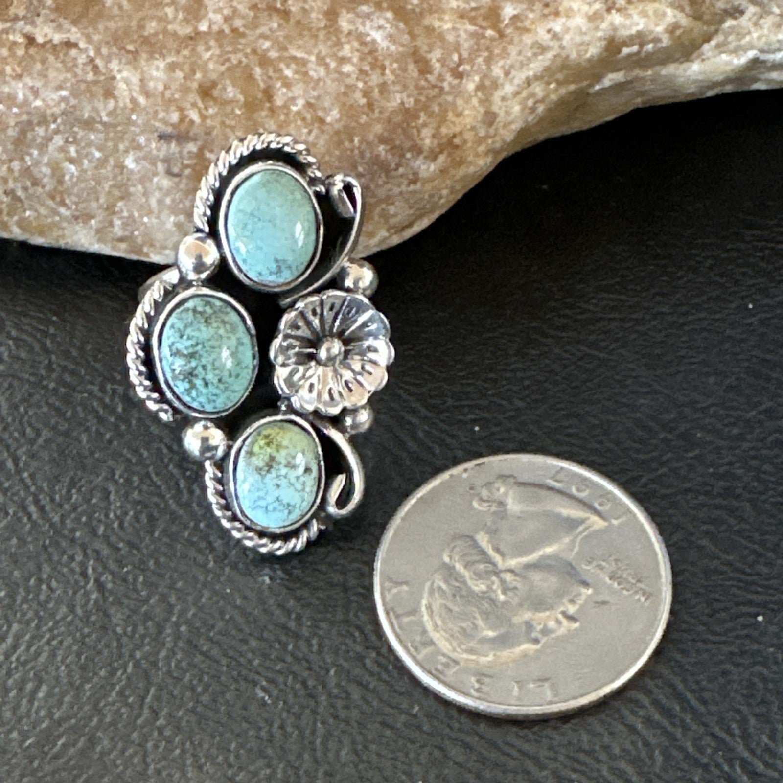 Yazzie Ring Blue Turquoise Navajo Sterling Silver Cluster Size 8 19219