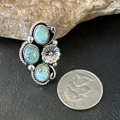 Yazzie Ring Blue Turquoise Navajo Sterling Silver Cluster Size 8 19219
