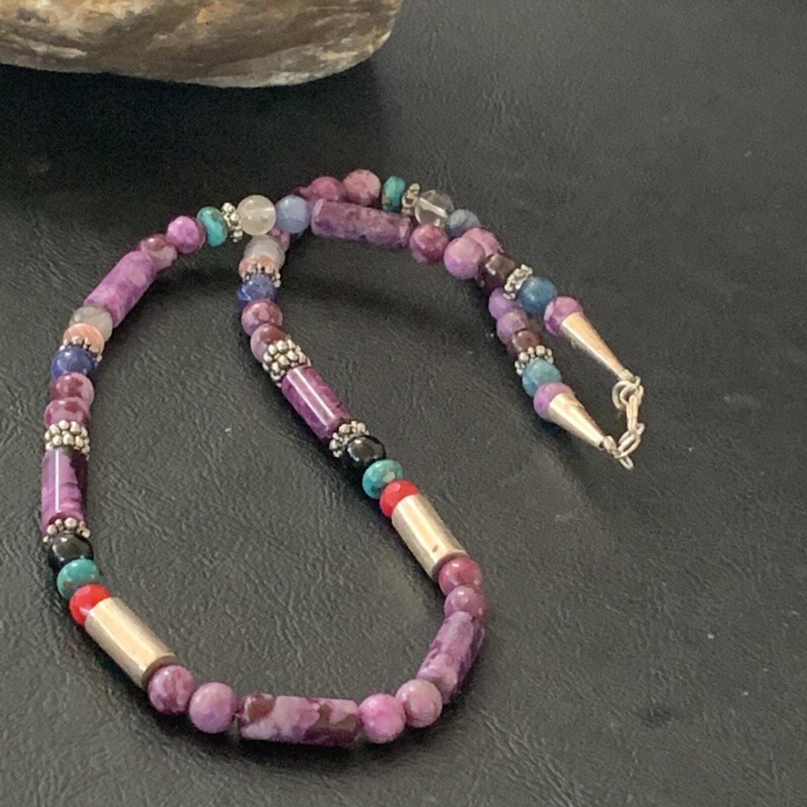 Turquoise Purple Stone & Coral Beads Navajo Sterling Silver Necklace 10391