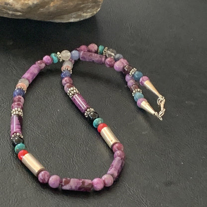 Turquoise Purple Stone & Coral Beads Navajo Sterling Silver Necklace 10391