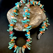 Green Turquoise Orange Spiny Oyster Nugget Necklace 22" | Sterling Silver | Authentic Native American Handmade | 18162