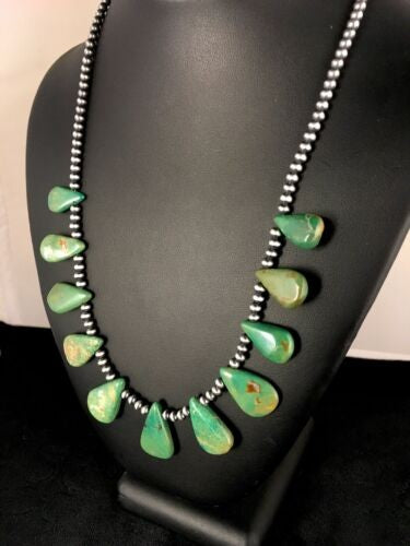 Navajo Green Turquoise Teardrop Necklace Sterling Silver Handmade 8744