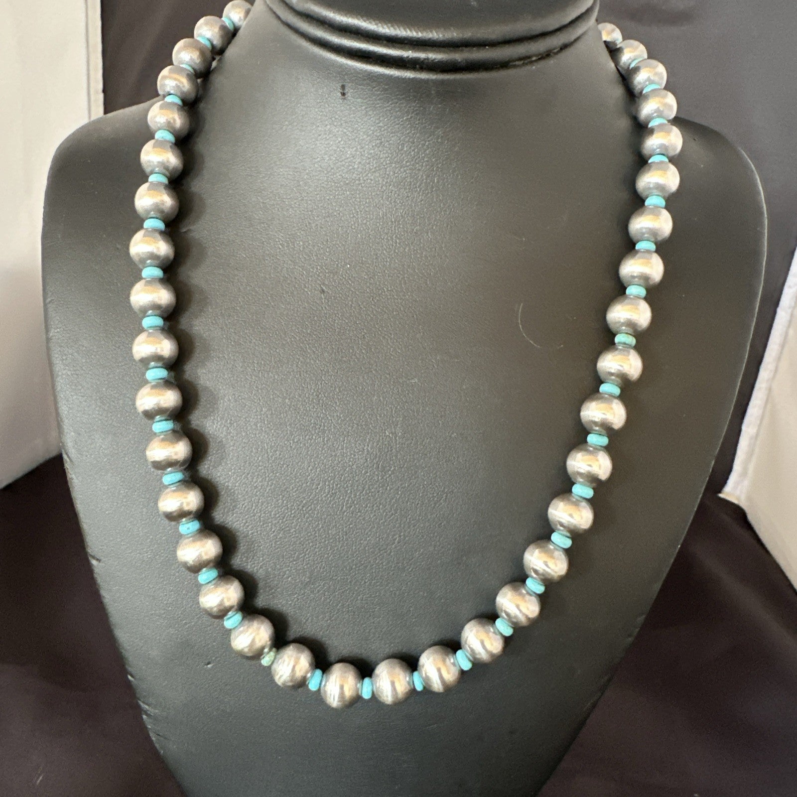 Blue Turquoise 10mm Round Sterling Silver Beads Necklace 20” 92407