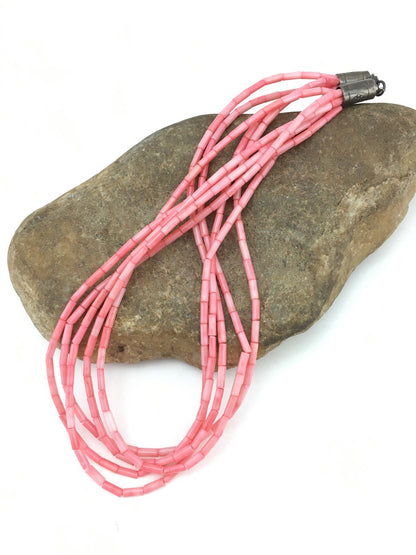 Pink Coral Tube Heishi Bead 5 Strand Navajo Sterling Silver Necklace 19" 1102
