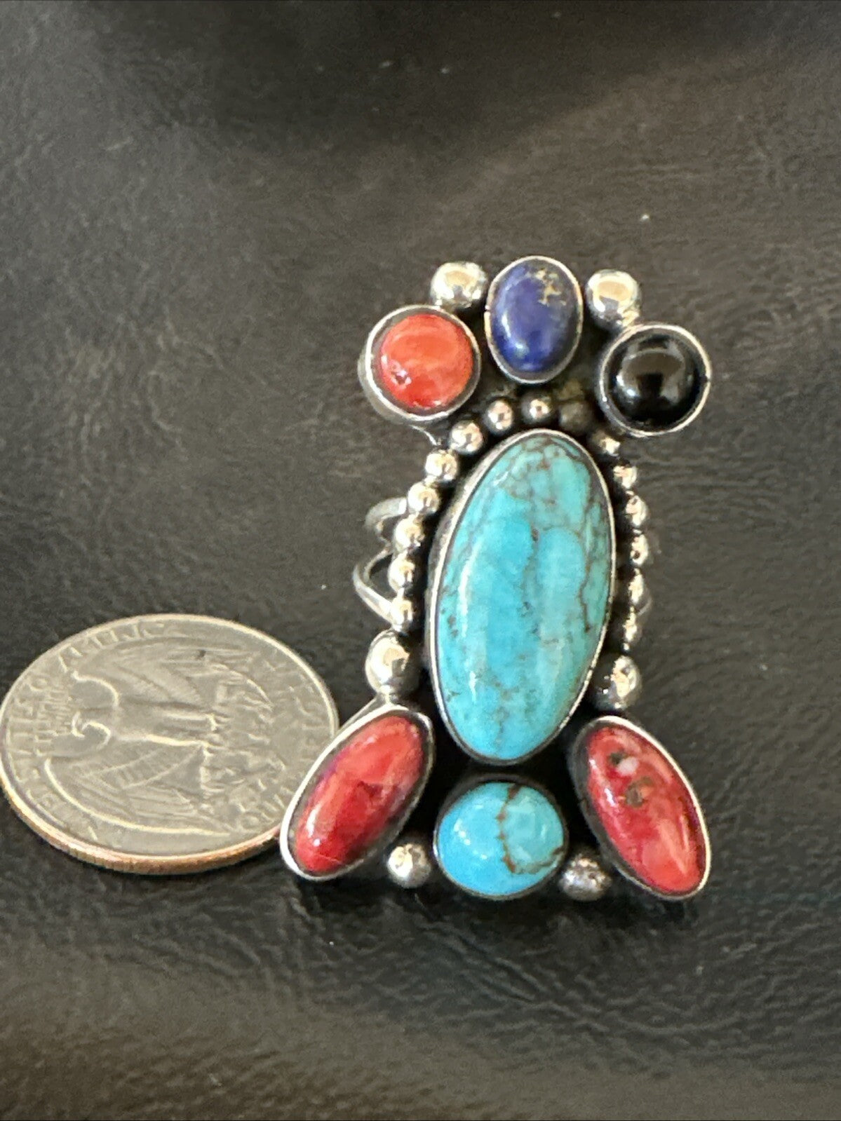 Cluster Blue Turquoise Spiny Oyster Onyx Sterling Silver Ring Size 8 18562