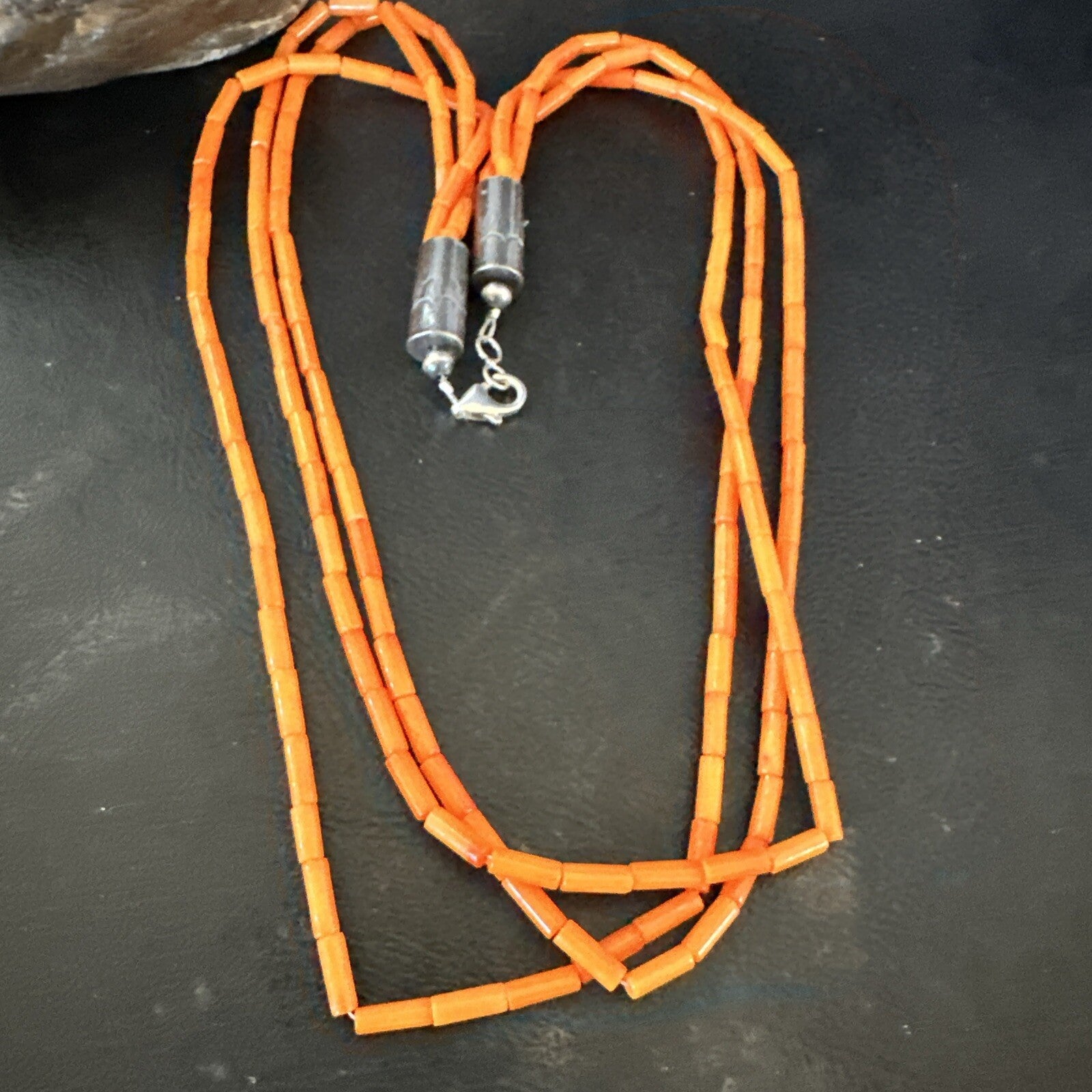 Native American Orange Coral Tubes Sterling Silver 3 Strand Necklace 21" 17821