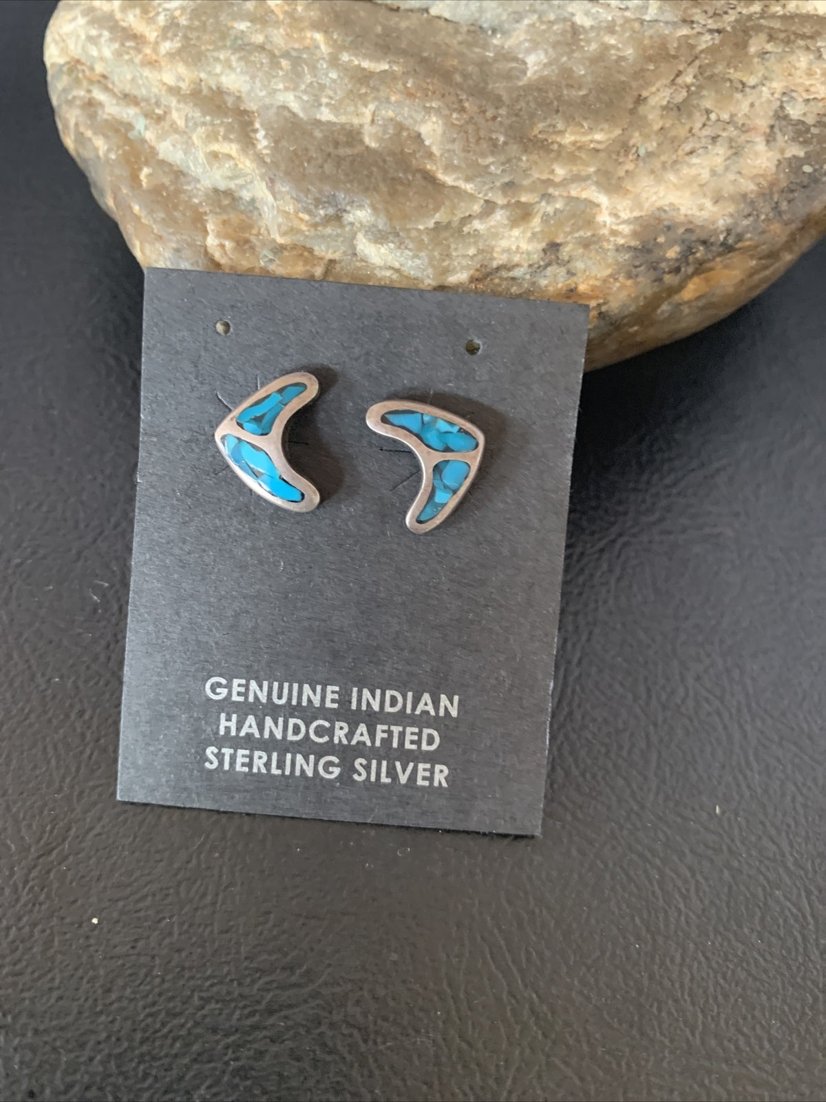 Womens Chip Inlay Earrings Navajo Blue Turquoise Sterling Silver Stud 0.5" 13111