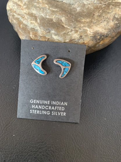 Womens Chip Inlay Earrings Navajo Blue Turquoise Sterling Silver Stud 0.5" 13111