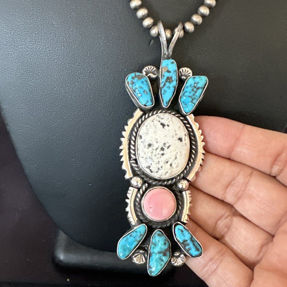 Blue Kingman Turquoise White Navajo Sterling Silver Cluster Pendant 4" 19325