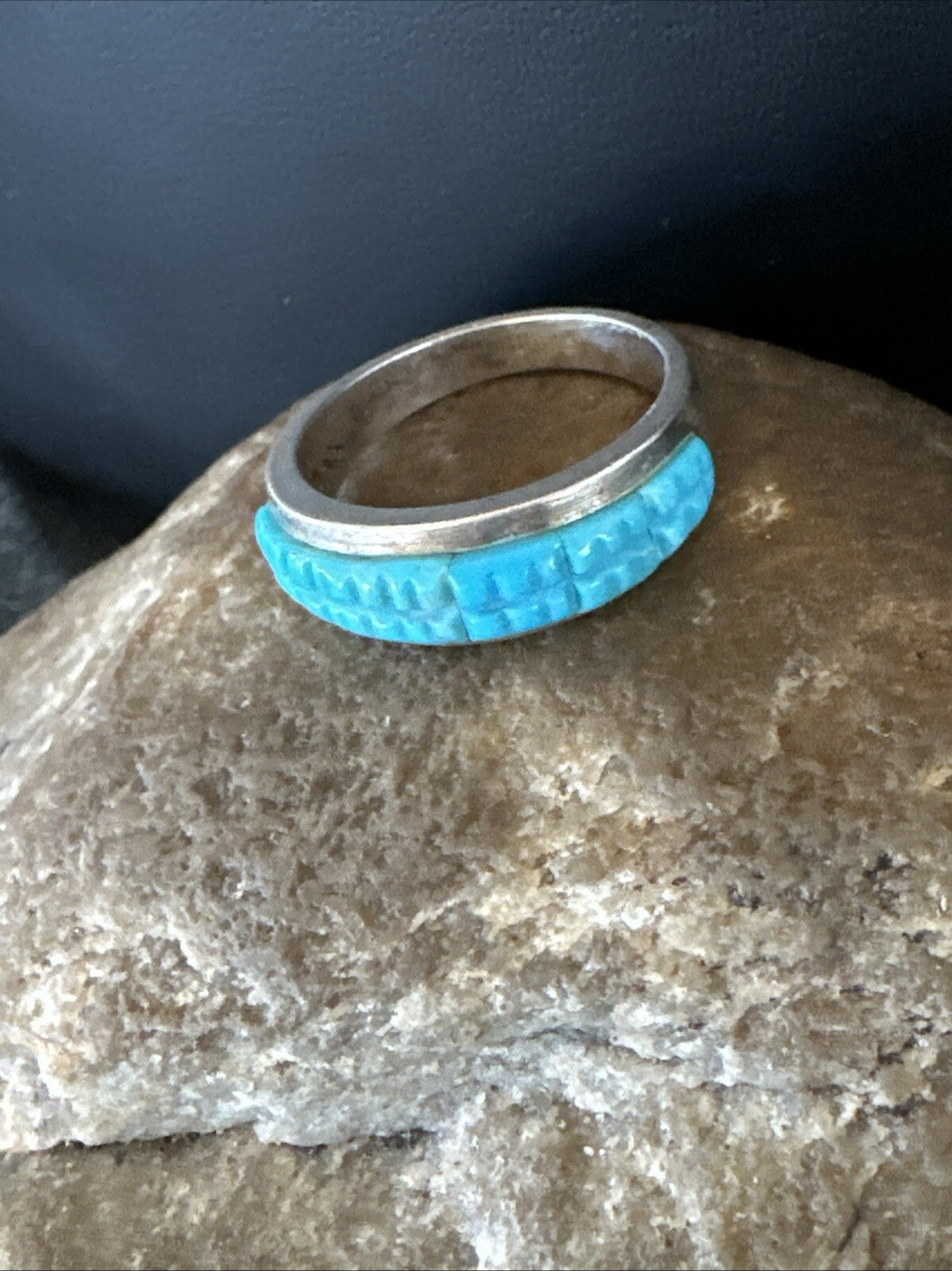 Blue Turquoise Navajo Sterling Silver Corn Inlay Band Ring Size 8.5 18815