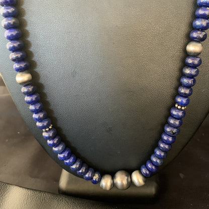 Mens Blue Lapis Lazuli Navajo Pearls Sterling Silver Necklace 24” 13956