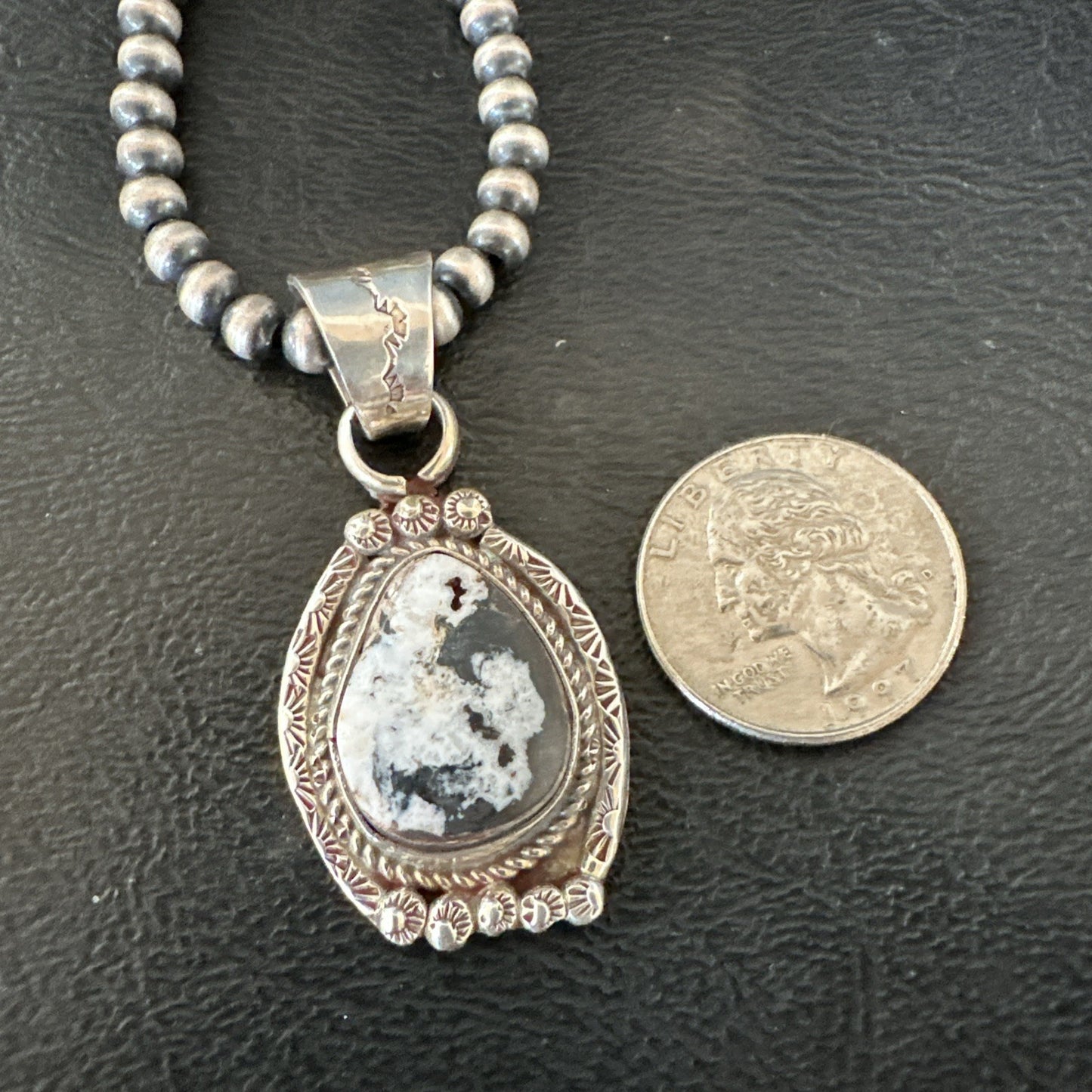 White Buffalo Turquoise Pendant Navajo Pearls Sterling Silver Necklace 20” 19495
