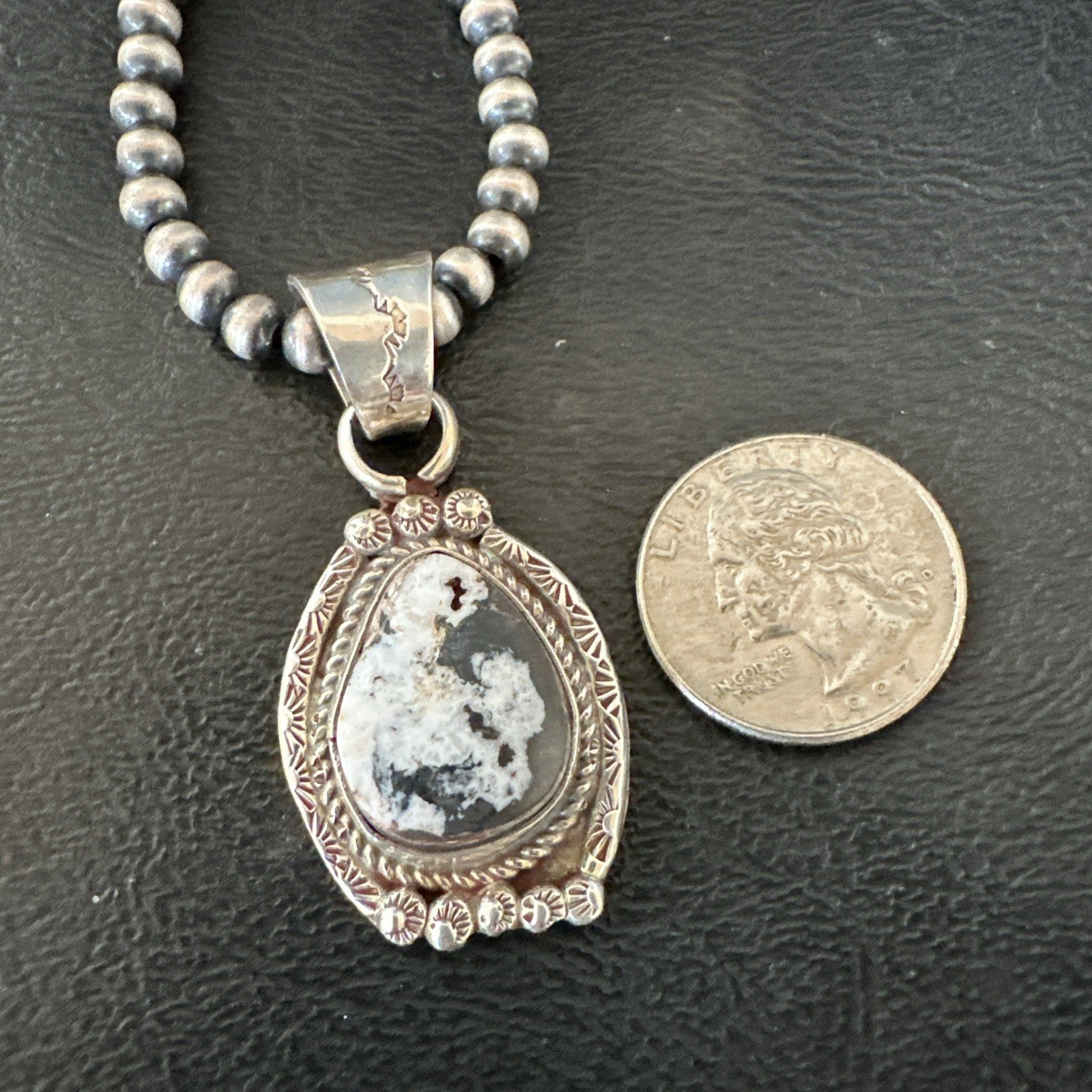 White Buffalo Turquoise Pendant Navajo Pearls Sterling Silver Necklace 20” 19495