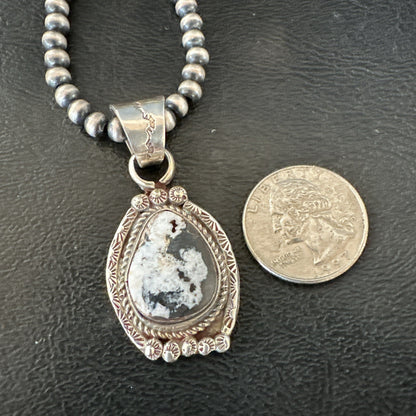 White Buffalo Turquoise Pendant Navajo Pearls Sterling Silver Necklace 20” 19495