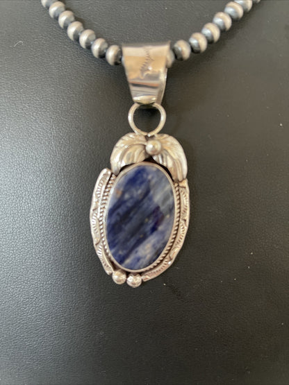 Mens Lapis Lazuli Pendant Sterling Silver Beads Necklace 1210