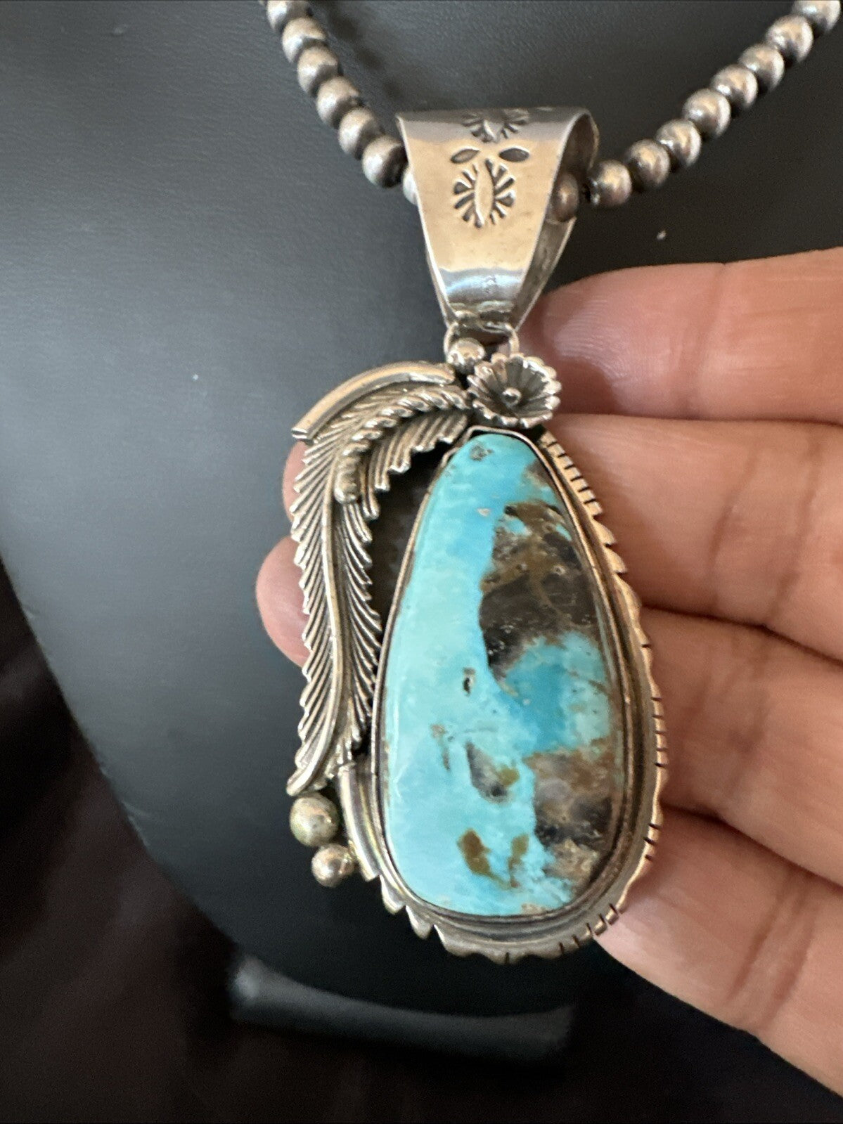 Mens Womens Blue Turquoise Pendant Sterling Silver Beads Sterling Necklace 18648