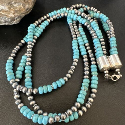 Navajo Pearls Blue Turquoise Necklace 3-Strand Sterling Silver 16305