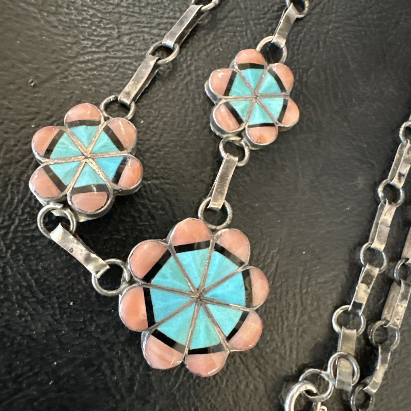 Pink Coral Turquoise Pendant Zuni Sterling Silver Old Pawn Necklace 22" 19143