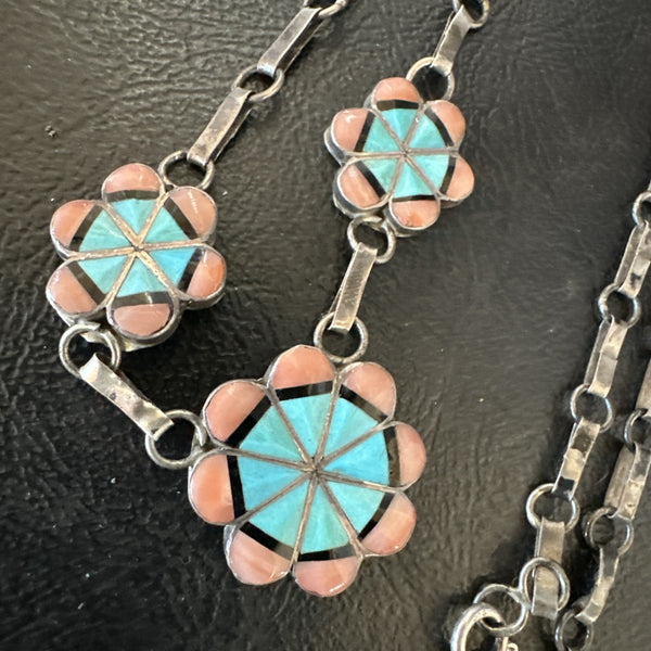 Pink Coral Turquoise Pendant Zuni Sterling Silver Old Pawn Necklace 22" 19143