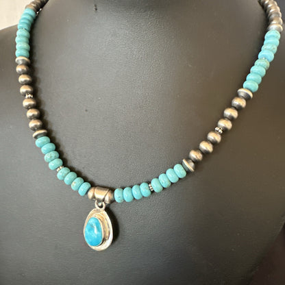 WoMens Blue Kingman Turquoise Pendant Navajo Sterling Silver Necklace 21" 18419