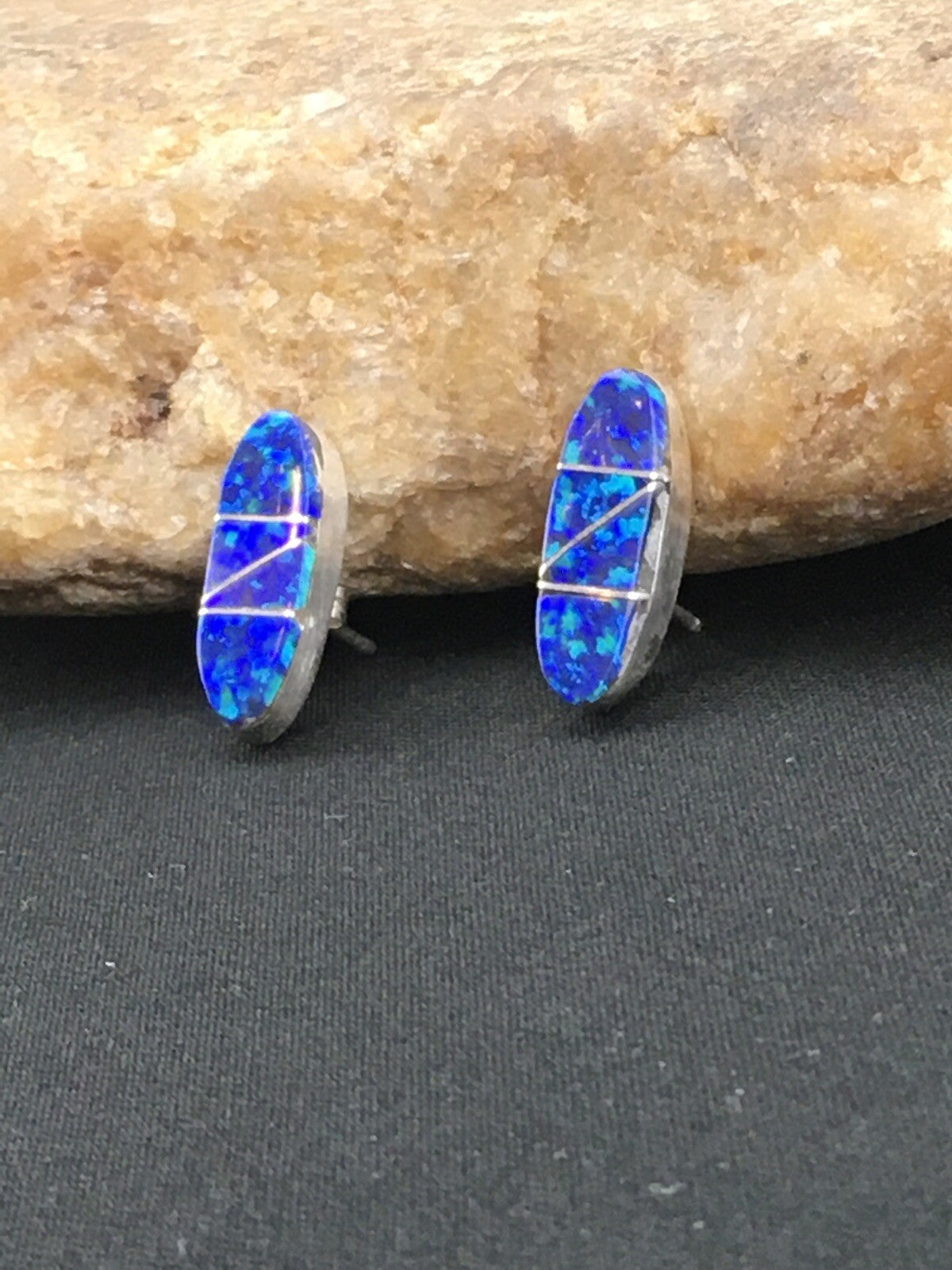 Navajo Indian Sterling Silver Handmade Blue Opal Inlay Earrings 0.75" 1331
