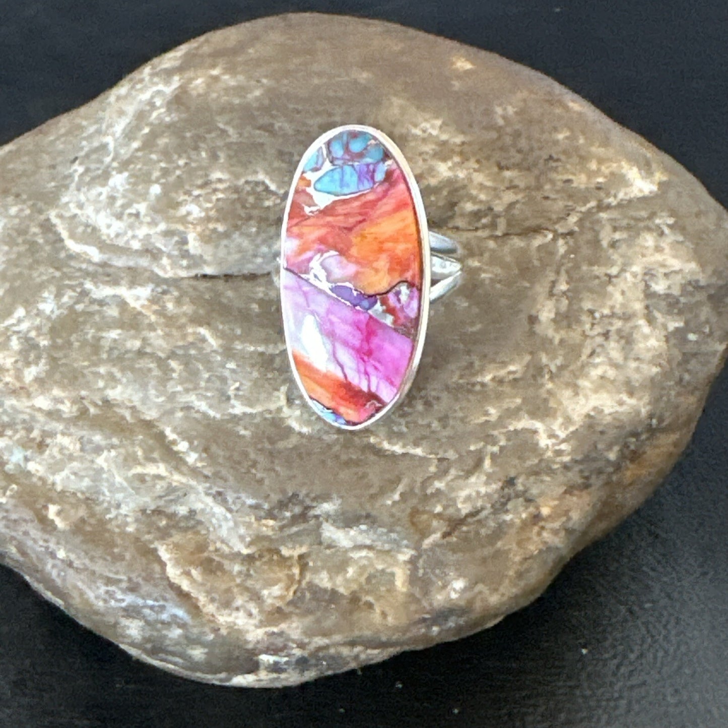 Blue Turquoise Spiny Oyster Southwestern Sterling Silver Ring Size 7 18493