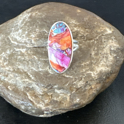 Blue Turquoise Spiny Oyster Southwestern Sterling Silver Ring Size 7 18493