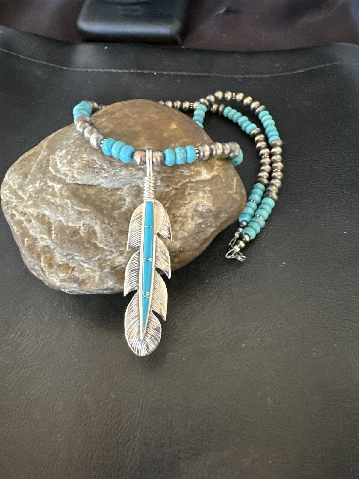 Mens Feather Turquoise Pendant Navajo Sterling Silver Necklace 18668