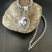 White Buffalo Turquoise Pendant Navajo Pearls Necklace 20" | Sterling Silver | Authentic Native American Handmade | 19495