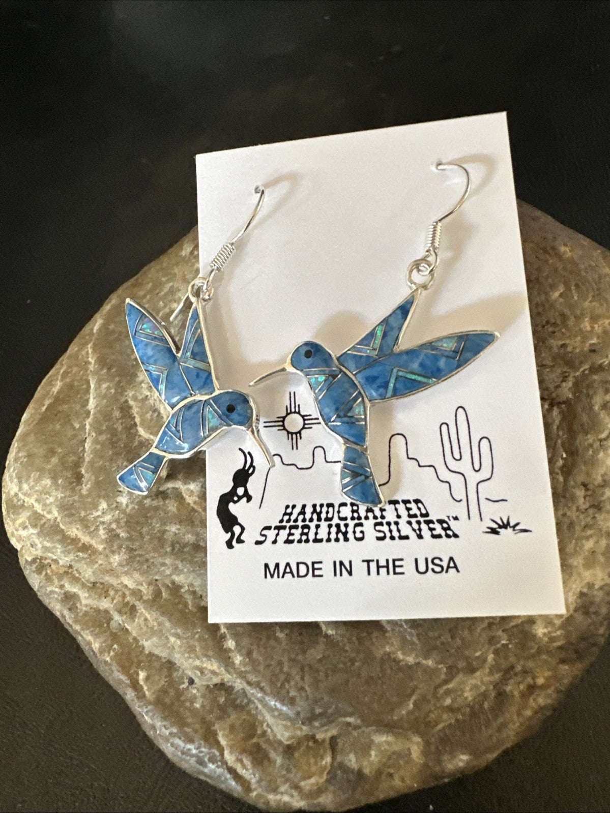 Blue Denim Lapis Opal Sterling Silver Hummingbird Dangle Earrings 19142