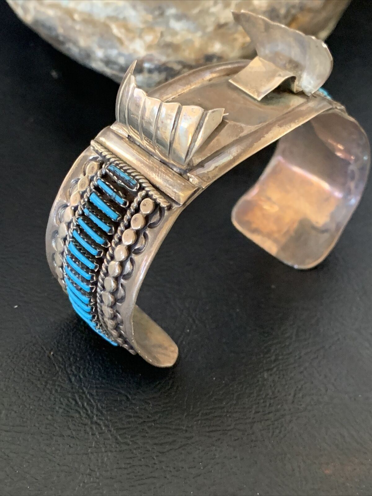 Mens Blue Turquoise Zuni Sterling Silver Inlay Cuff Watch Tips Bracelet 19033