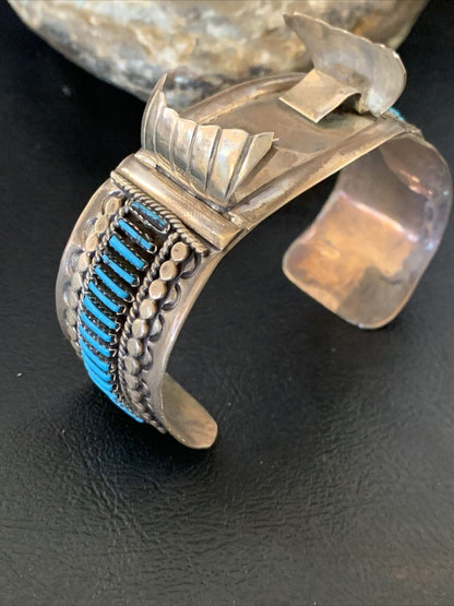 Mens Blue Turquoise Zuni Sterling Silver Inlay Cuff Watch Tips Bracelet 19033