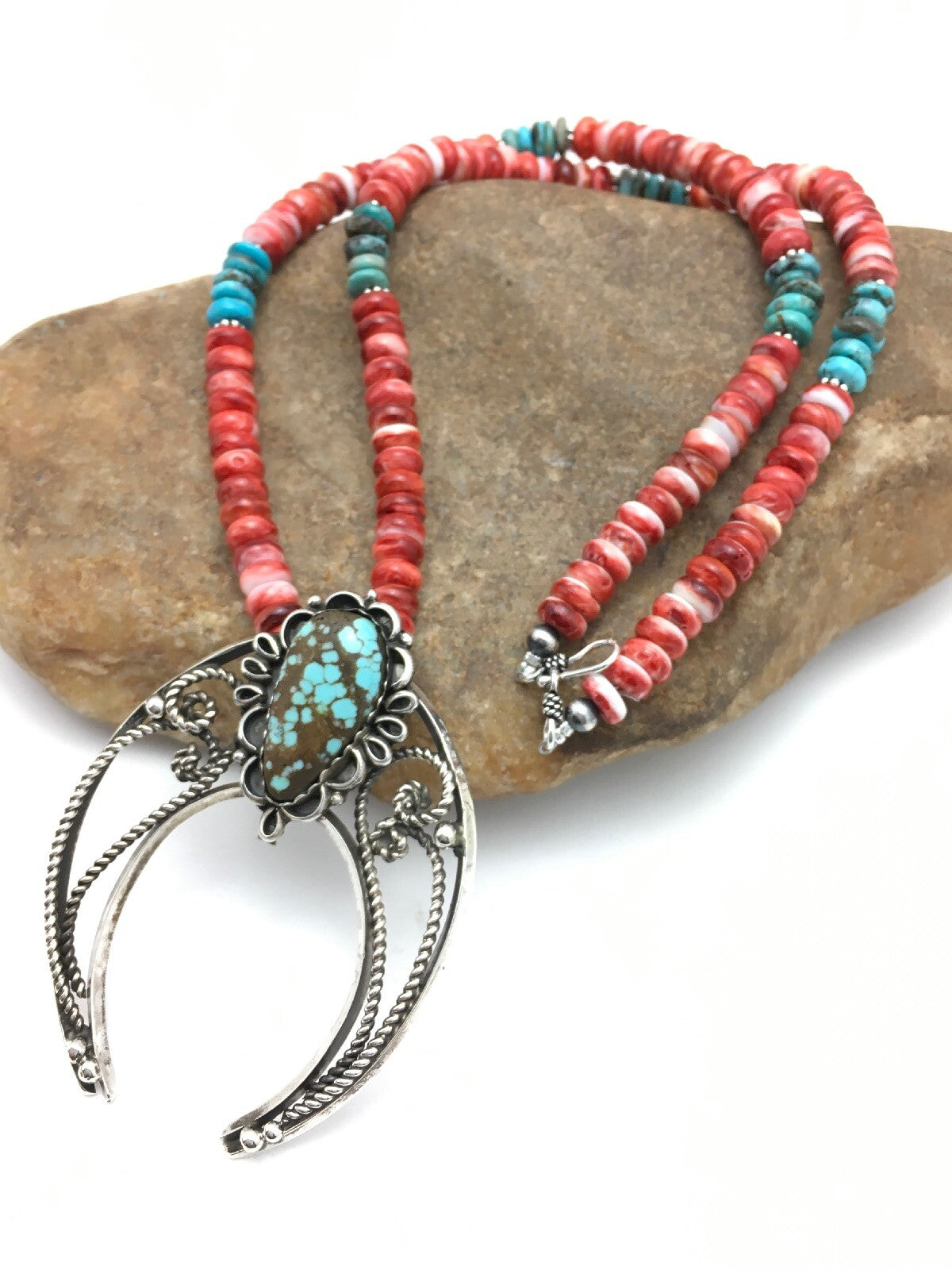 Turquoise #8 Pendant Spiny Oyster Navajo Sterling Silver Necklace 24" 04062