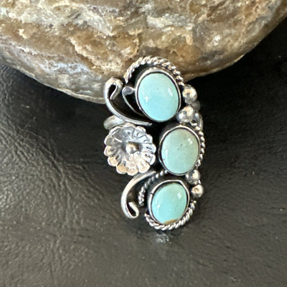Yazzie Ring Blue Turquoise Navajo Sterling Silver Cluster Size 8.5 19225