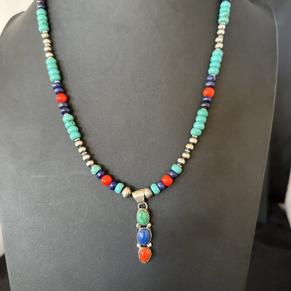 Multicolor Turquoise Coral Navajo Sterling Silver Cluster Pendant Necklace 19646