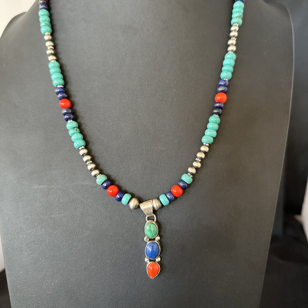 Multicolor Turquoise Coral Navajo Cluster Pendant Necklace | Sterling Silver | Authentic Native American Handmade | 19646