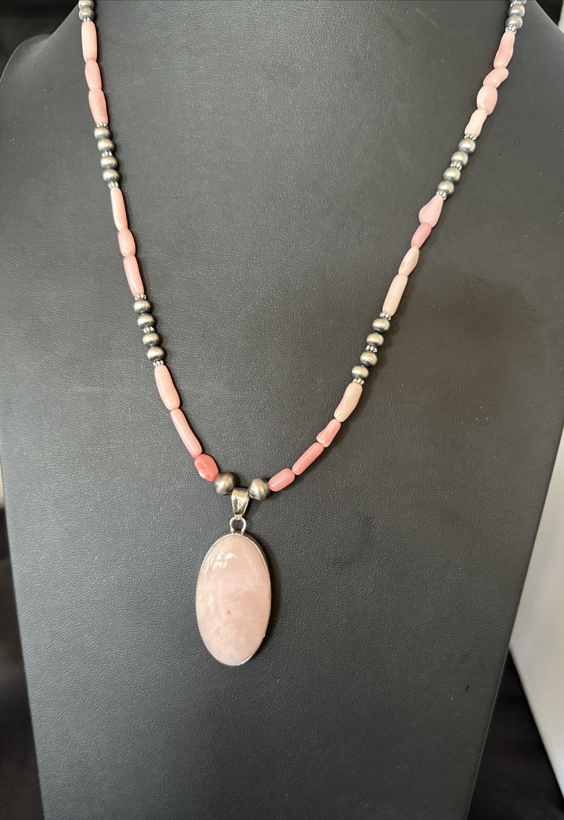 Southwestern Sterling Silver Pink Coral Bead Necklace Quartz Pendant 24" 19586