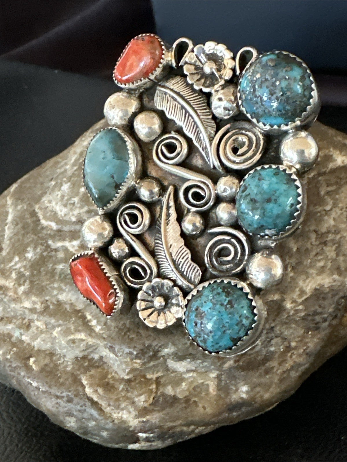 Navajo Blue Turquoise Coral Ring Multi-Stone Cluster Sz 10.5 19779