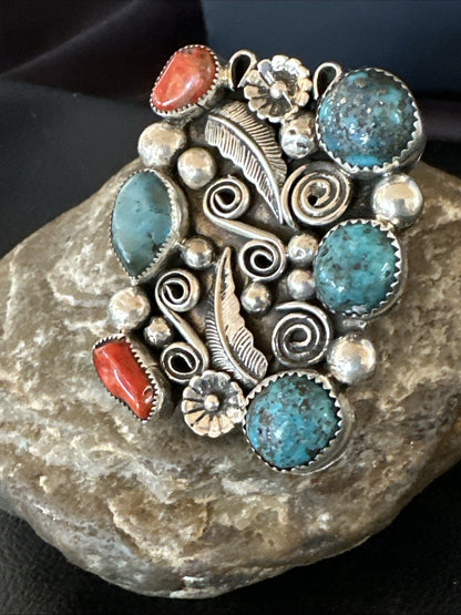 Navajo Blue Turquoise Coral Ring Multi-Stone Cluster Sz 10.5 19779