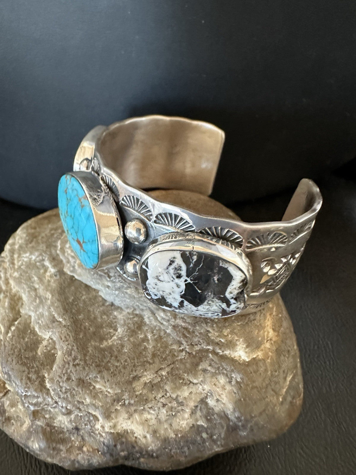 Men White Buffalo Blue Turquoise Navajo Sterling Silver Cuff Bracelet 7.3" 19429
