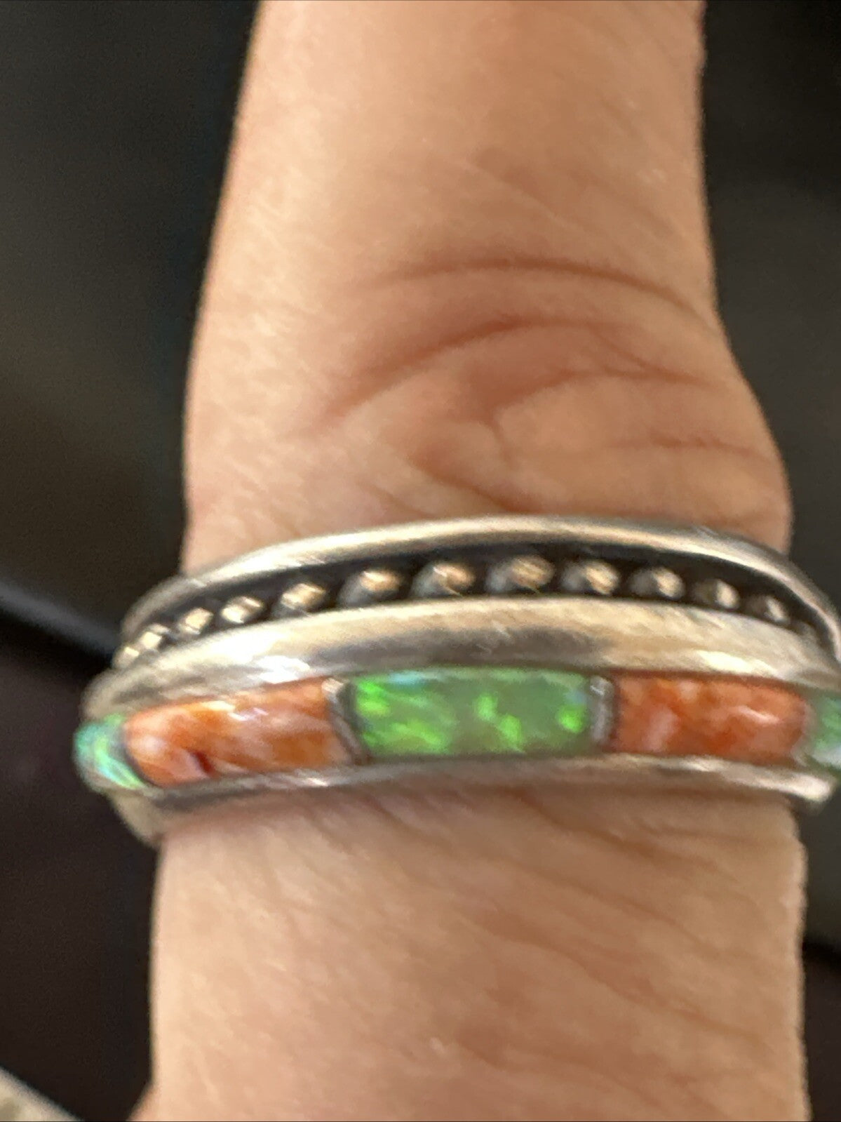 Green Opal Orange Spiny Navajo Sterling Silver Band Inlay Ring Size 9 18811