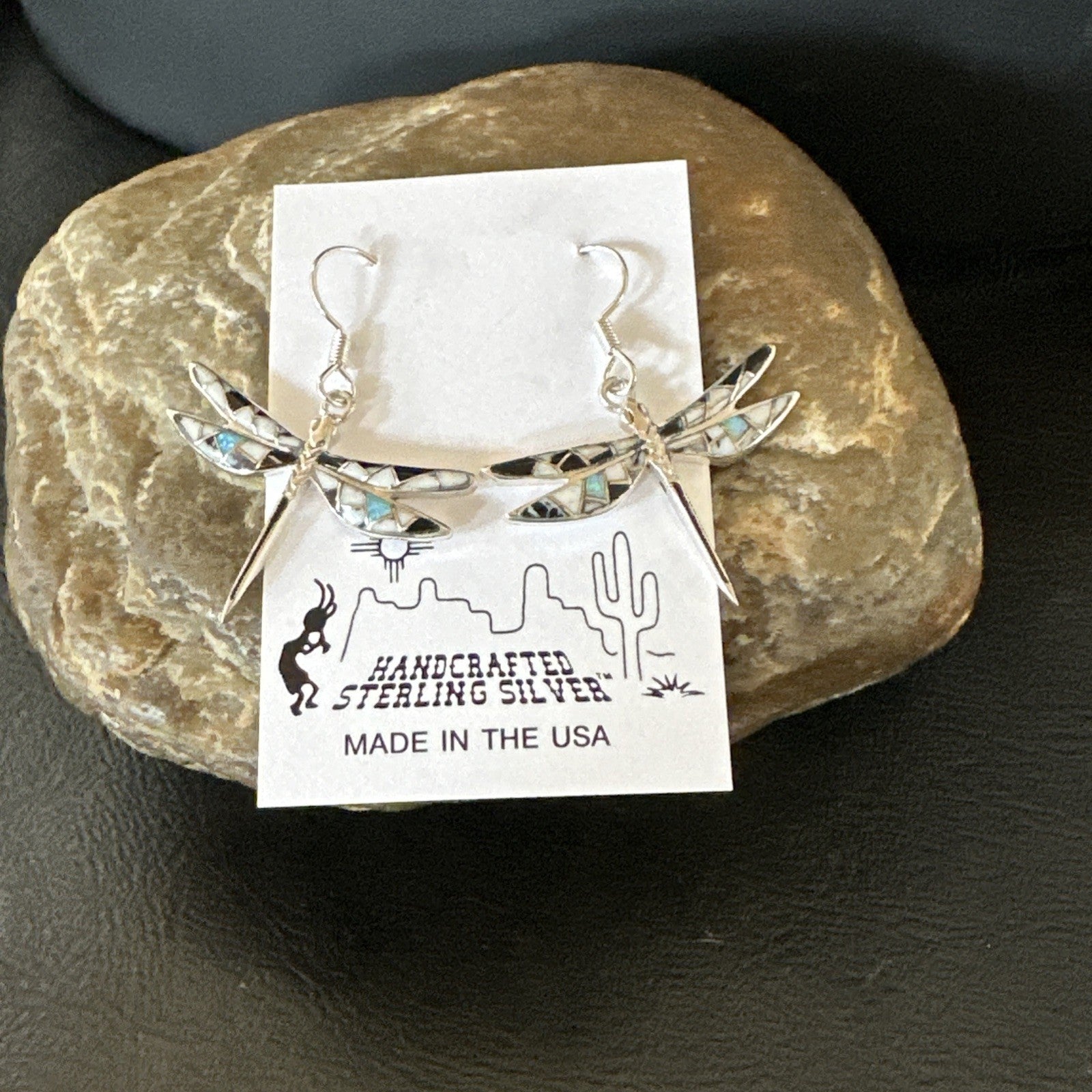 White Buffalo Turquoise Onyx Opal Navajo Sterling Silver Inlay Earrings 1" 18548