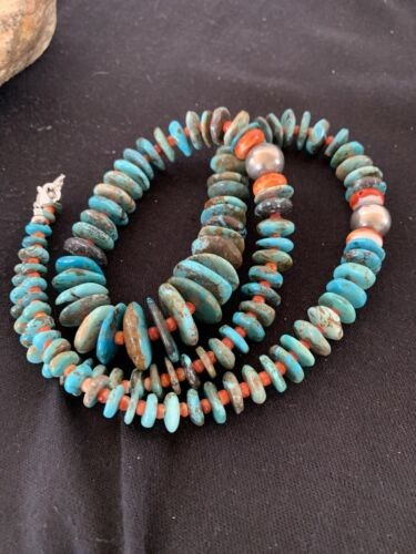 Navajo Natural Blue Turquoise & Spiny Oyster Necklace Graduated 28" 332