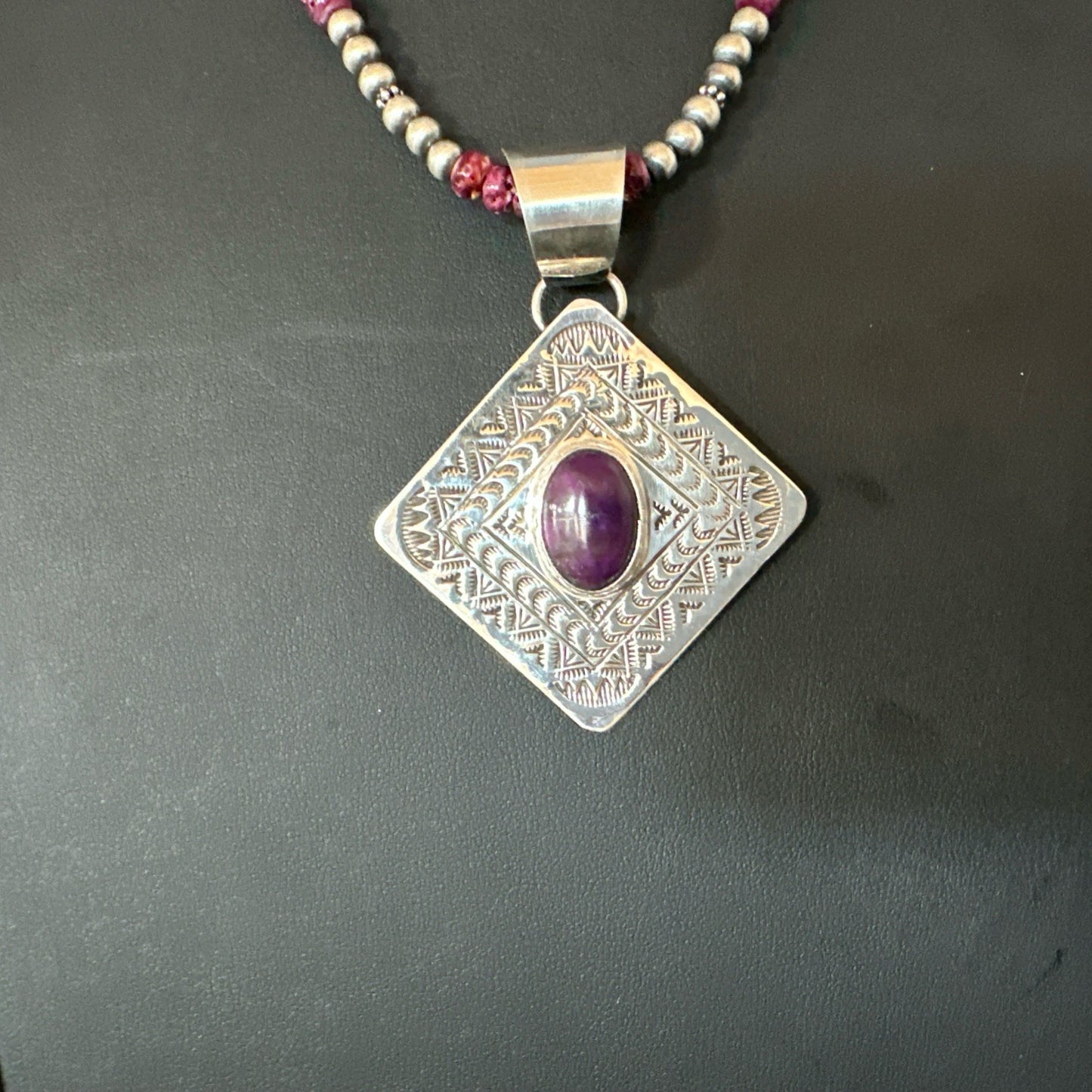 H Joe Purple Spiny Oyster Pendant Navajo Sterling Silver Necklace 19483