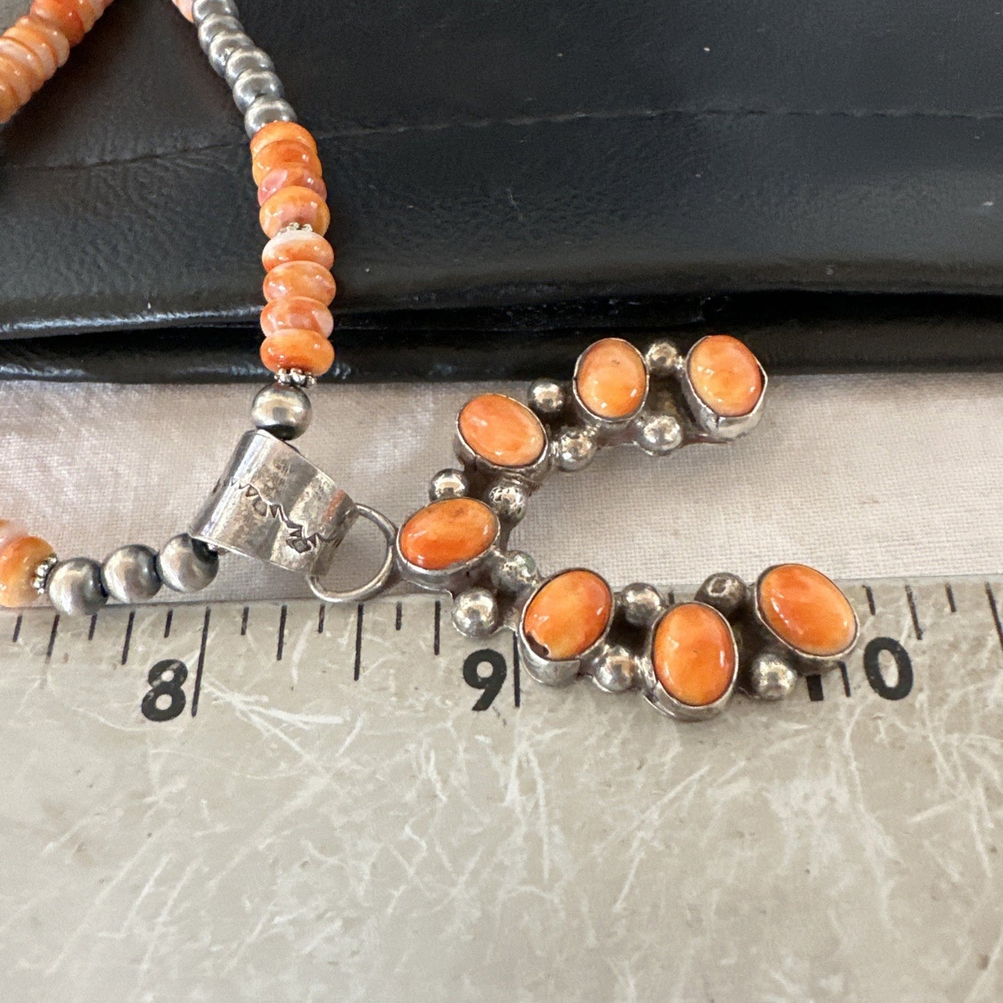 Navajo Pearls Sterling Necklace Orange Spiny Oyster Cluster Naja Pendant 19552