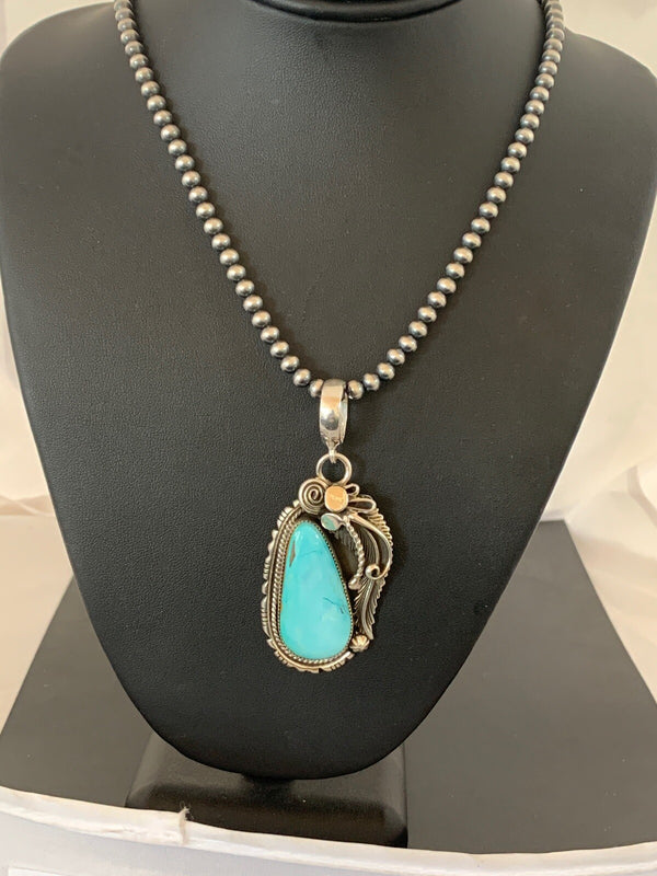 Royston Turquoise Pendant Navajo Beads Necklace | Sterling Silver | Authentic Native American Handmade | 08735