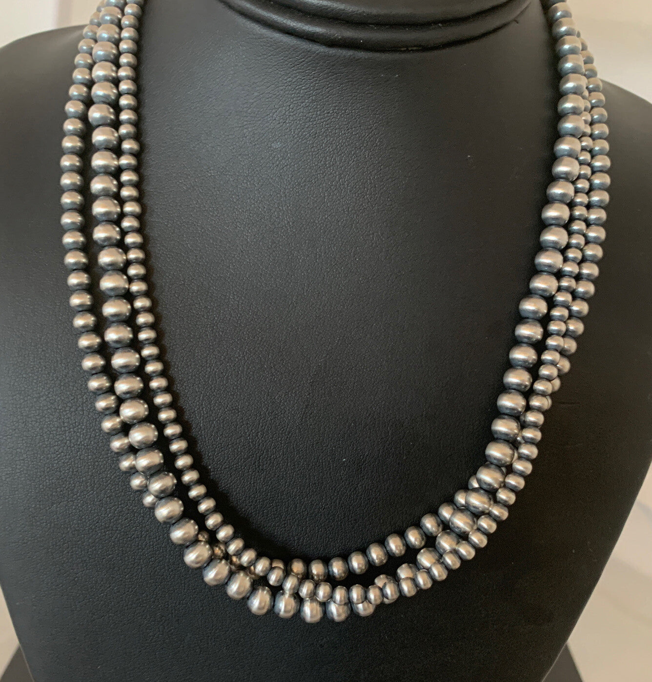 Native American 4, 5, 5 mm Sterling Silver Navajo Pearls 3 Strand 18” Necklace
